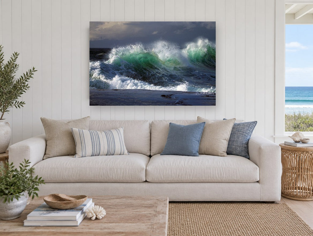 Emerald Surge coastal canvas print on the wall of a beach house living room