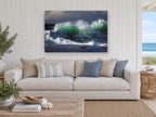 Emerald Surge coastal canvas print on the wall of a beach house living room