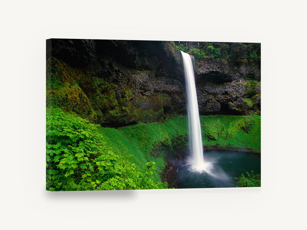 Veiled Basalt Falls, waterfall over mossy cliff photograph, landscape canvas wall art print ready to hang
