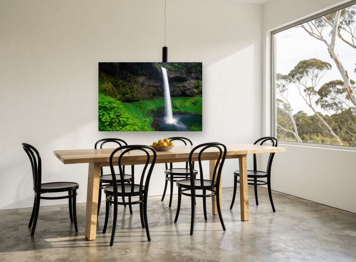 Veiled Basalt Falls landscape canvas print on the wall of a dining room