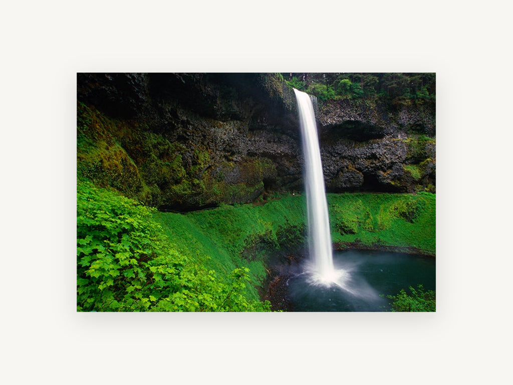 Veiled Basalt Falls, waterfall over mossy cliff photograph, landscape canvas wall art print, front view