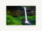 Veiled Basalt Falls, waterfall over mossy cliff photograph, landscape canvas wall art print, front view