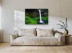 Veiled Basalt Falls landscape canvas print on the wall of a living room