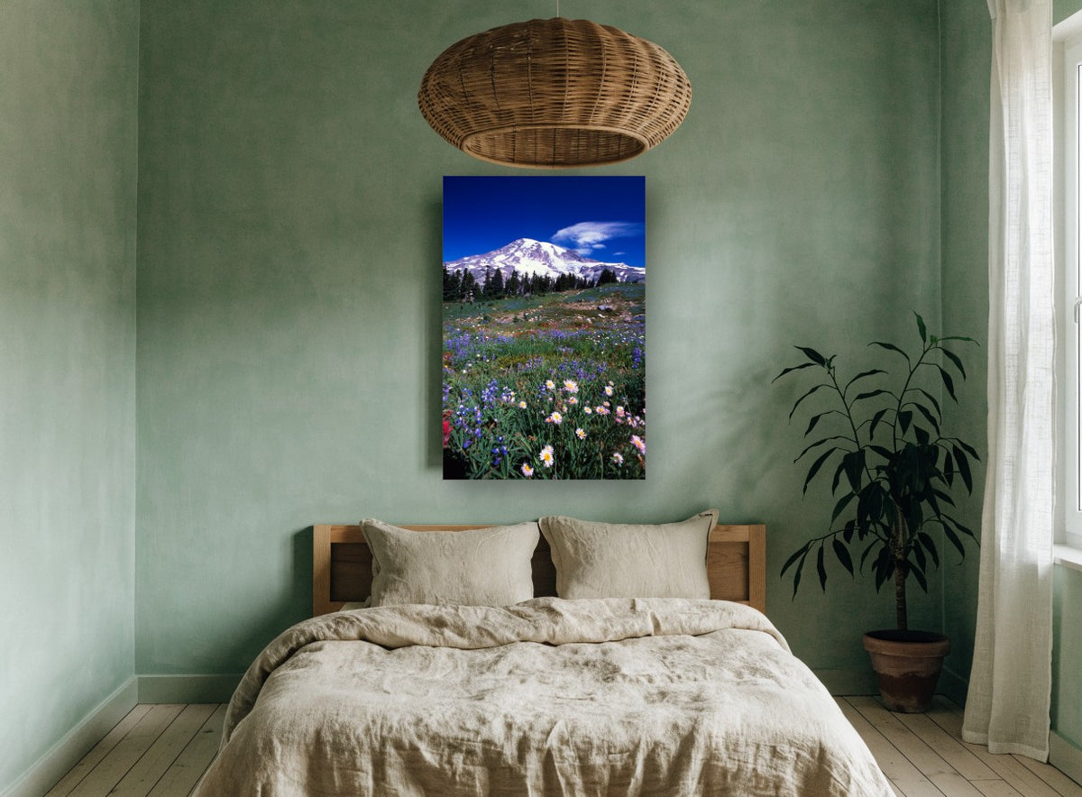 Alpine Meadow Bloom floral canvas print on the wall of a bedroom