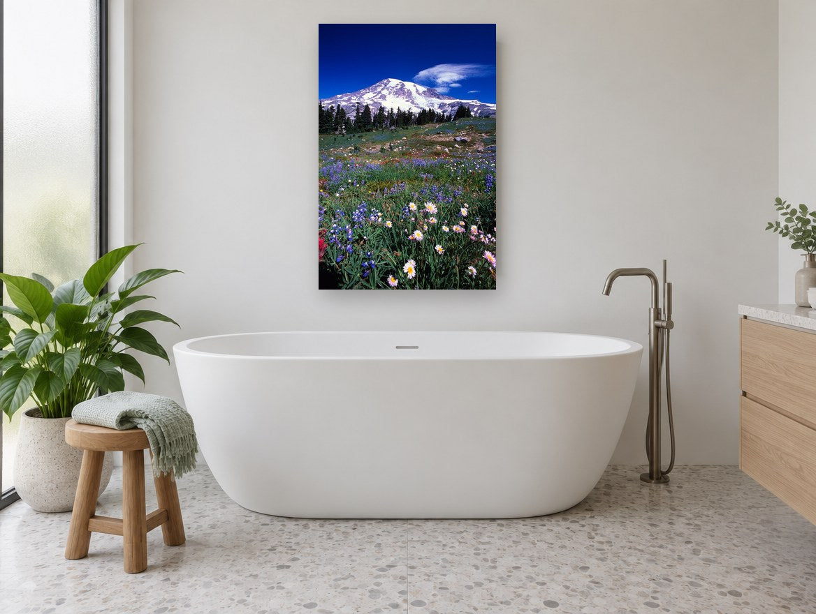 Alpine Meadow Bloom floral canvas print on the wall of a bathroom