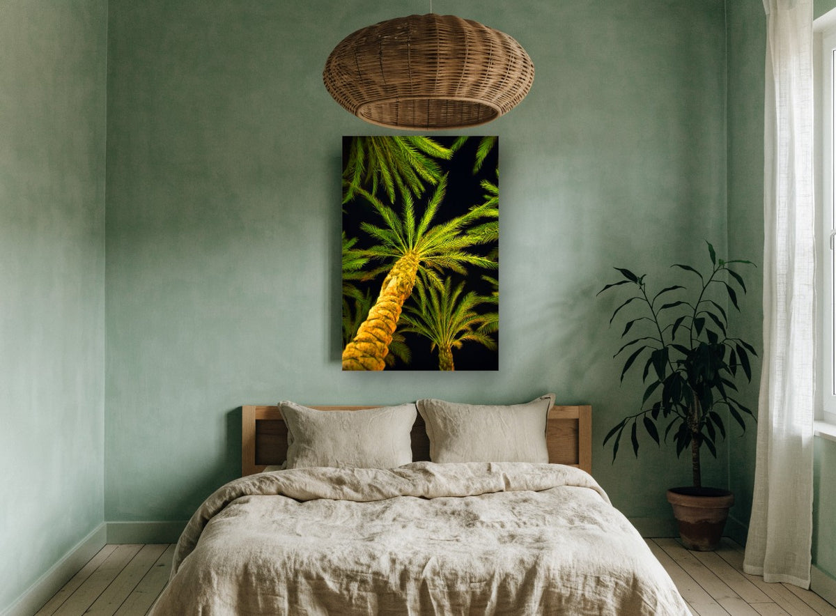 Palms After Dark landscape canvas print on the wall of a bedroom