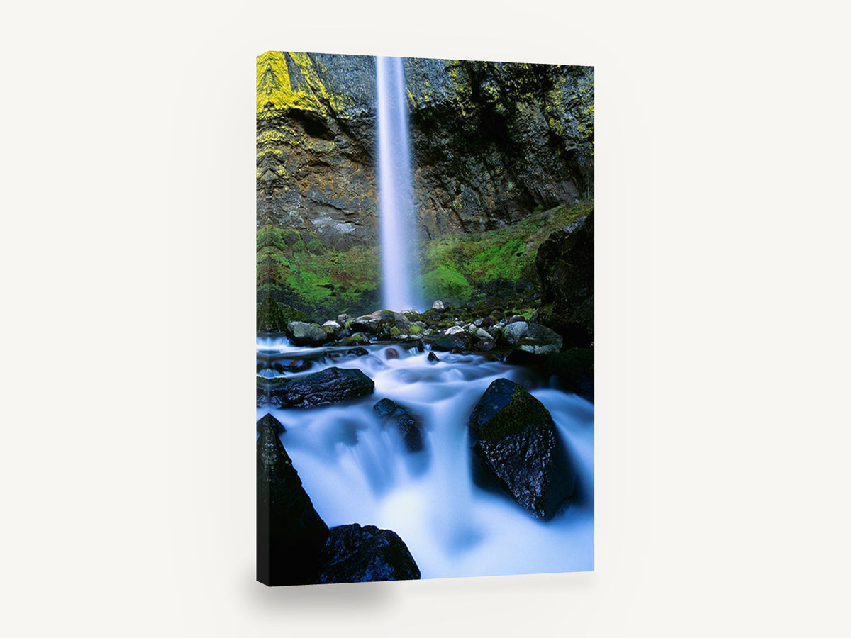 Veiled Falls Gorge, waterfall over mossy rocks photograph, landscape canvas wall art print ready to hang