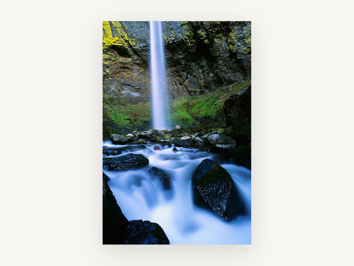 Veiled Falls Gorge, waterfall over mossy rocks photograph, landscape canvas wall art print, front view