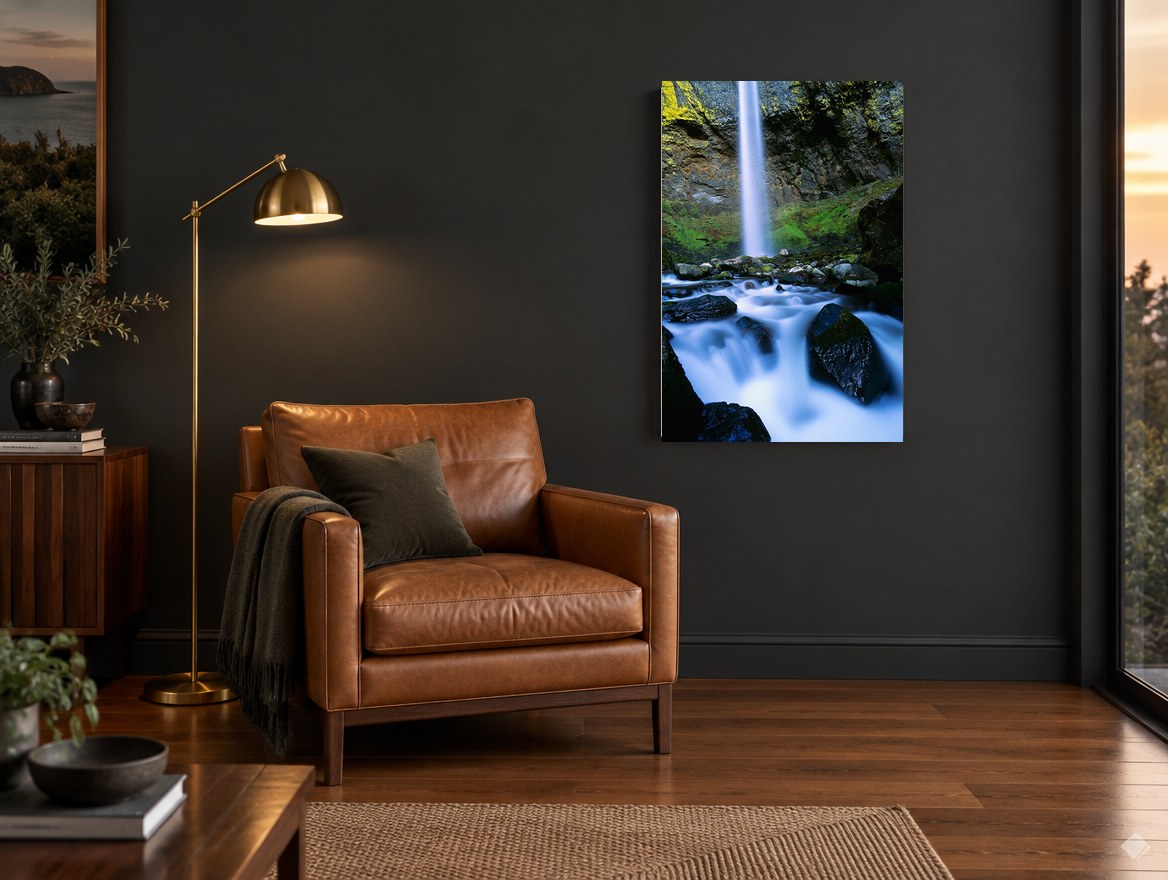 Veiled Falls Gorge landscape canvas print on the wall of a charcoal living room