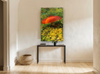 Orange Cap in the Moss floral canvas print on the wall of a hallway