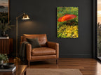Orange Cap in the Moss floral canvas print on the wall of a charcoal living room