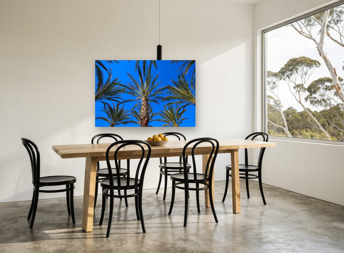 Palms Against Blue landscape canvas print on the wall of a dining room