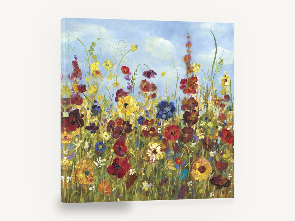 Meadow Under Blue Sky, colourful wildflower meadow painting, floral canvas wall art print ready to hang