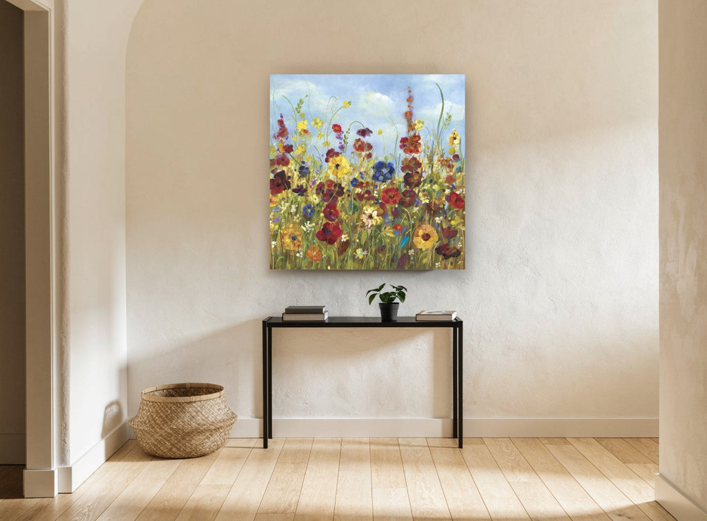 Meadow Under Blue Sky floral canvas print on the wall of a hallway