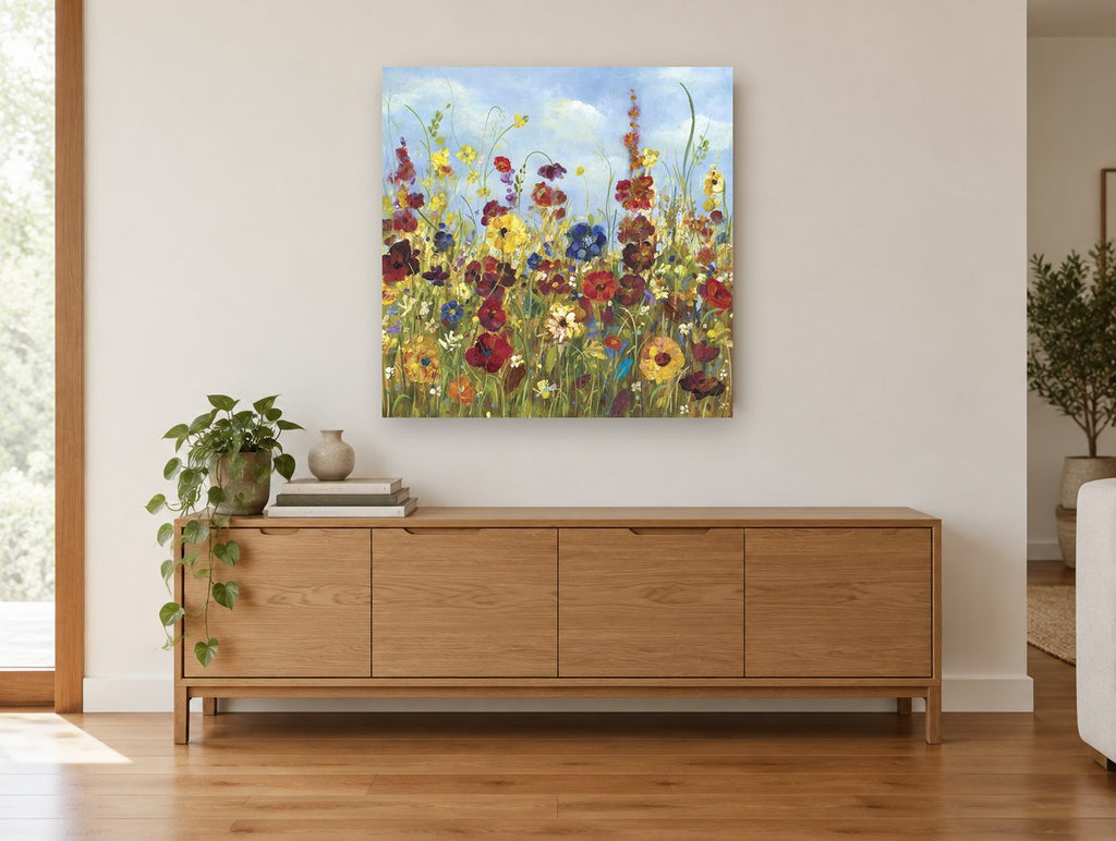 Meadow Under Blue Sky floral canvas print on the wall of a living room above a sideboard