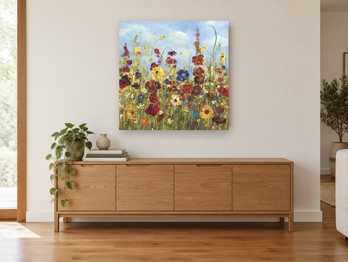 Meadow Under Blue Sky floral canvas print on the wall of a living room above a sideboard