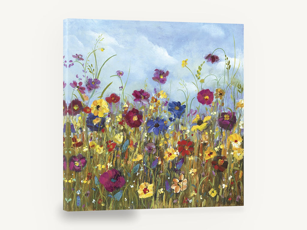 Meadow Under Blue Sky, colourful wildflower meadow painting, floral canvas wall art print ready to hang