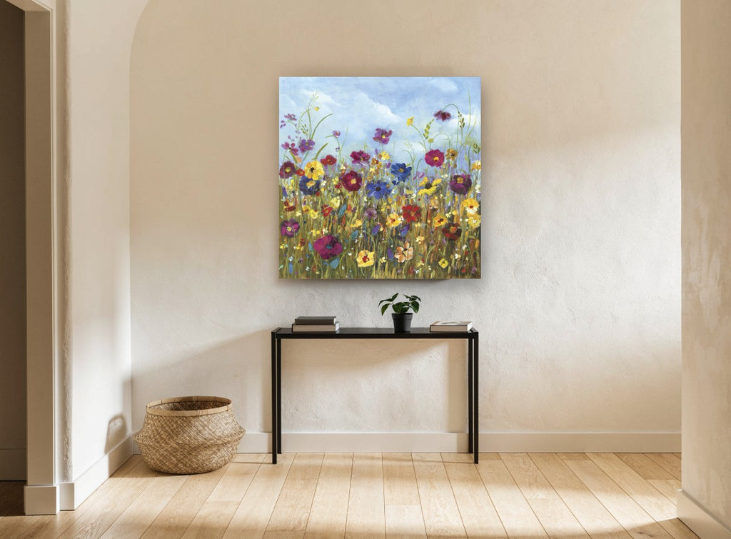 Meadow Under Blue Sky floral canvas print on the wall of a hallway