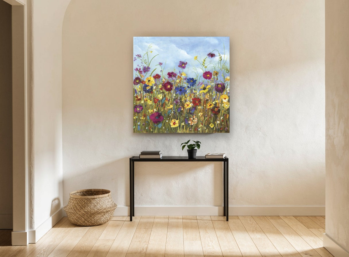 Meadow Under Blue Sky floral canvas print on the wall of a hallway