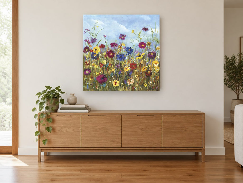Meadow Under Blue Sky floral canvas print on the wall of a living room above a sideboard