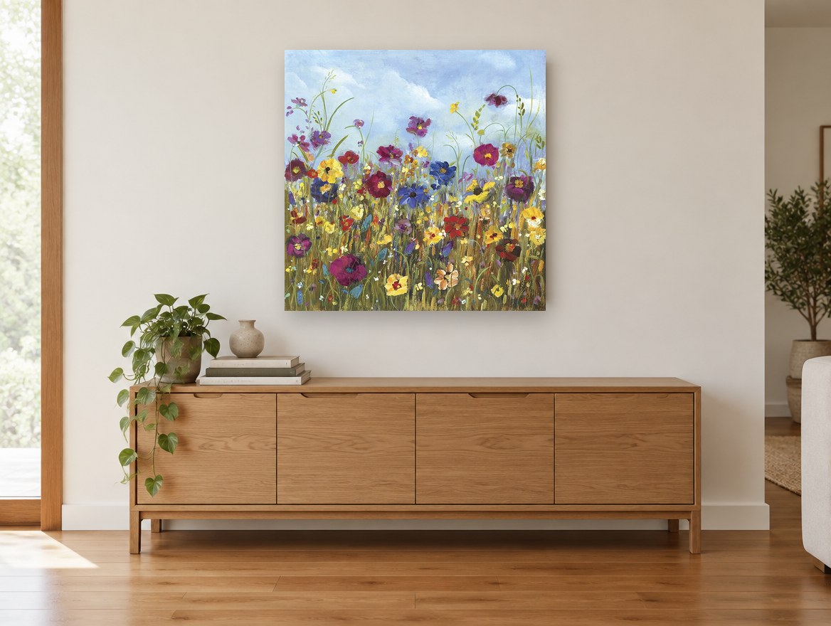 Meadow Under Blue Sky floral canvas print on the wall of a living room above a sideboard