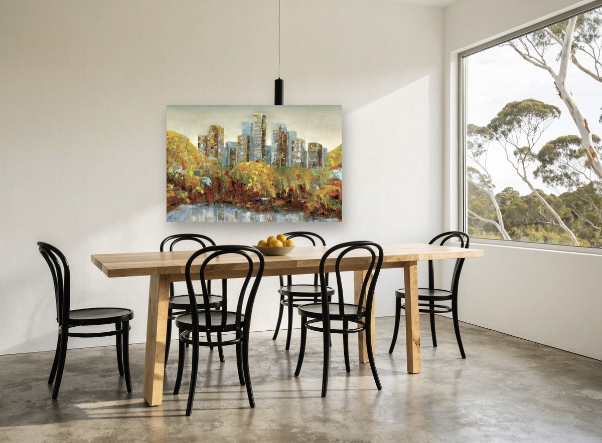 Autumn Park Towers city canvas print on the wall of a dining room