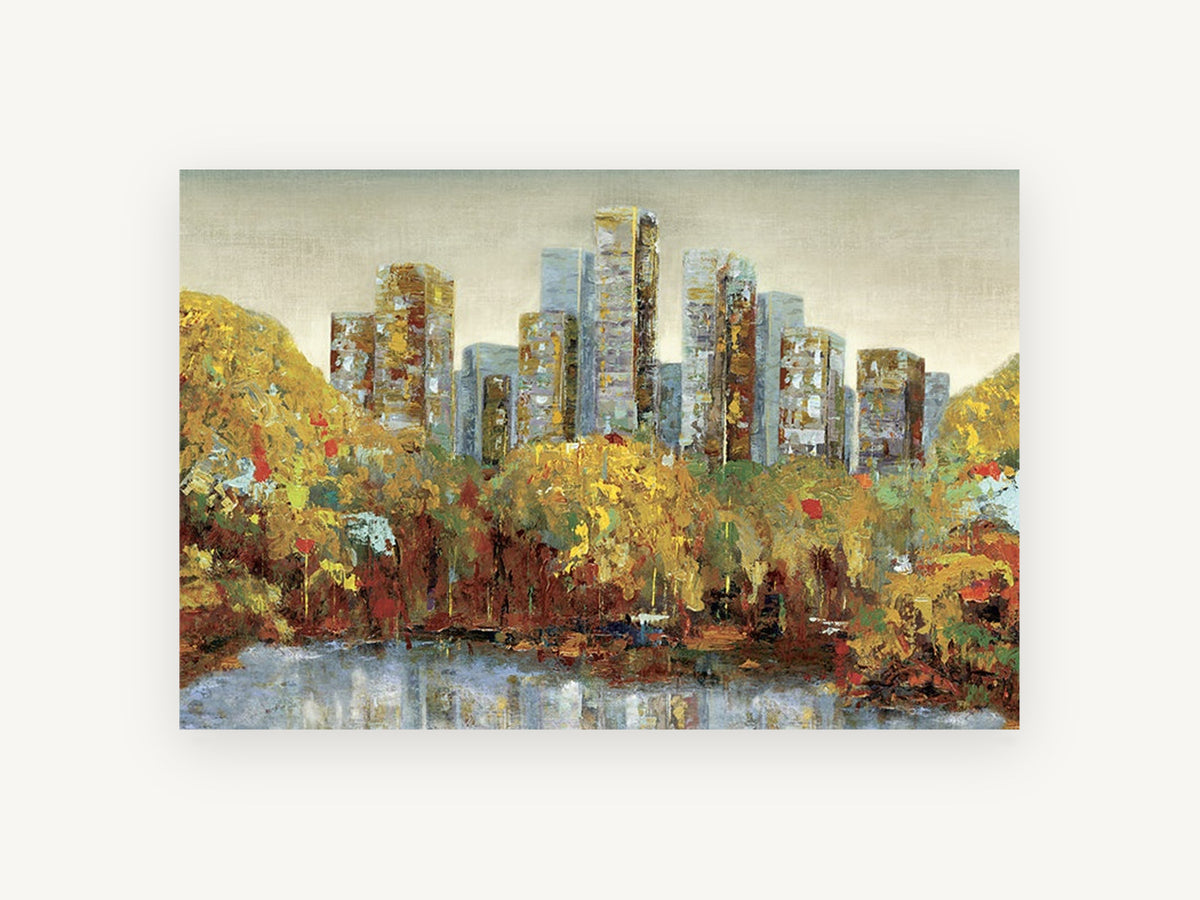 Autumn Park Towers, central park autumn skyline artwork, city canvas wall art print, front view