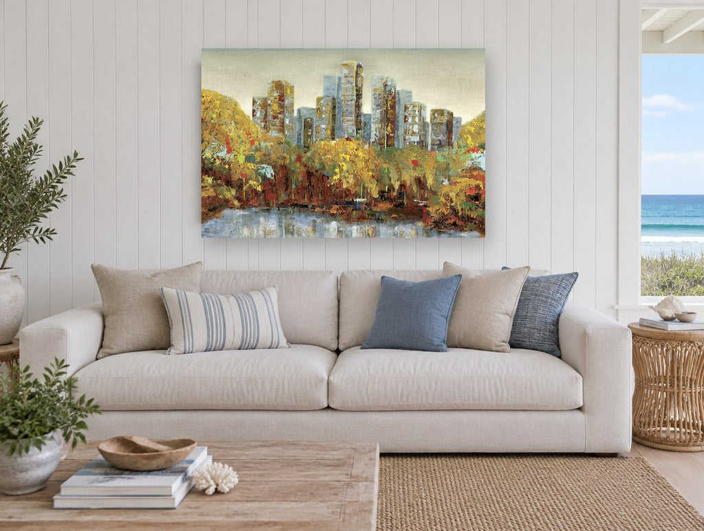 Autumn Park Towers city canvas print on the wall of a beach house living room