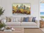 Autumn Park Towers city canvas print on the wall of a beach house living room