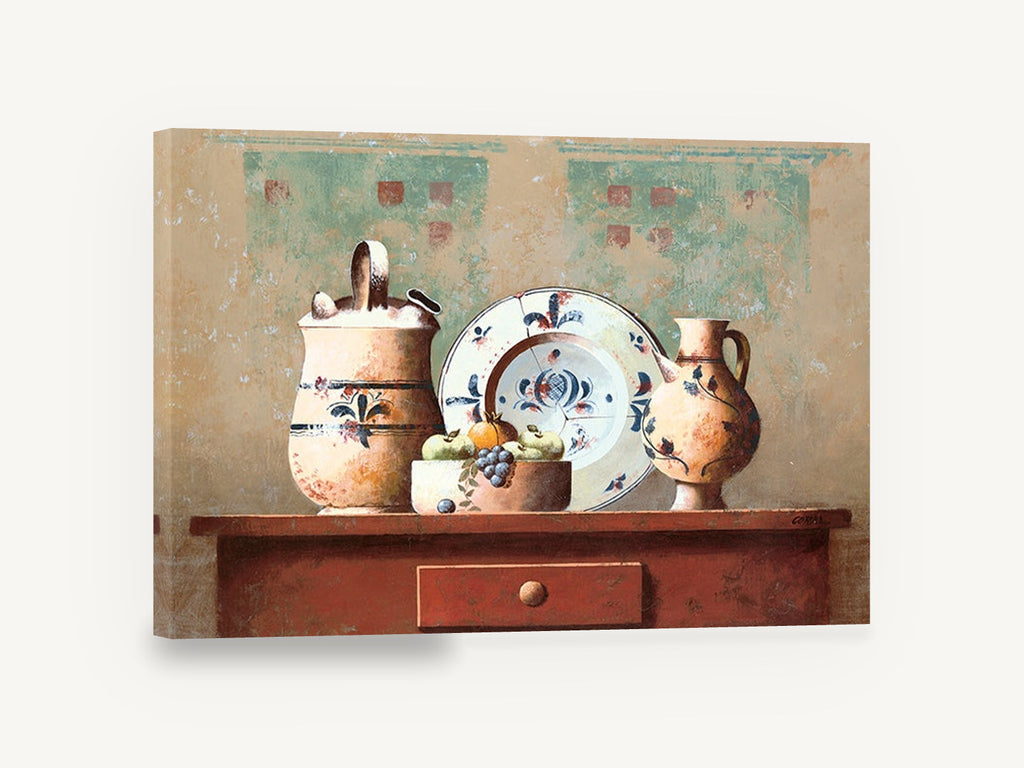 Terracotta Table Still Life, pottery fruit bowl still life kitchen, kitchen canvas wall art print ready to hang