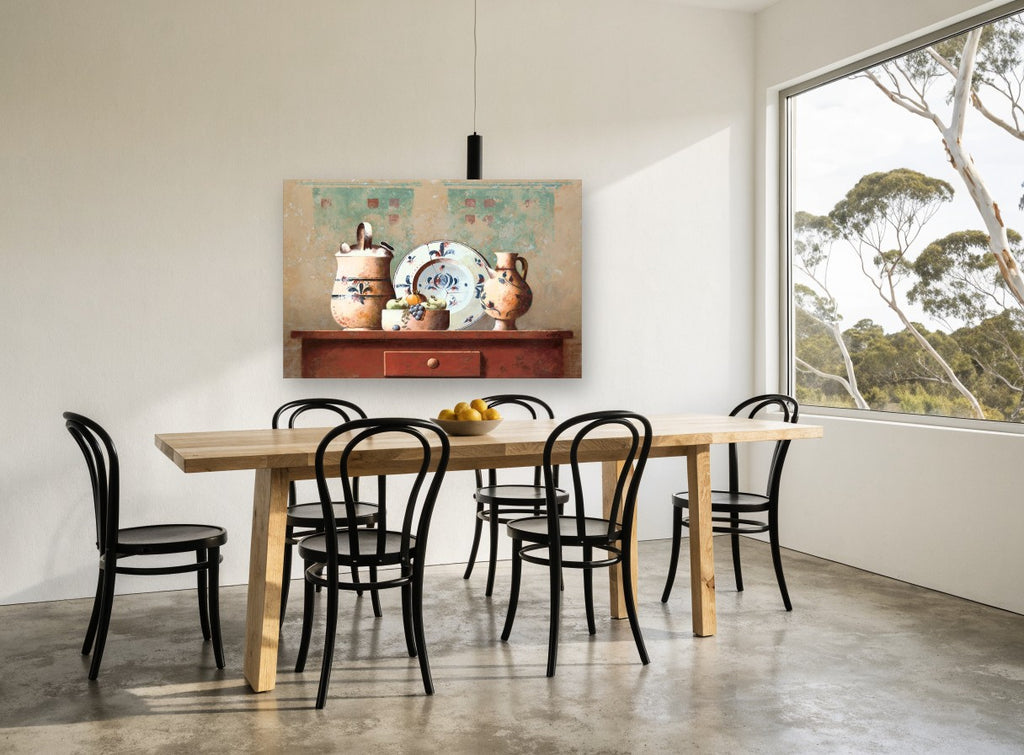 Terracotta Table Still Life kitchen canvas print on the wall of a dining room