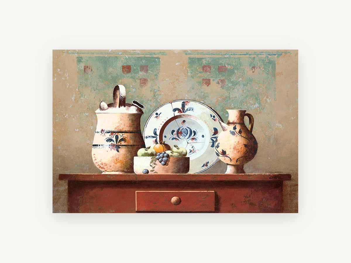 Terracotta Table Still Life, kitchen canvas wall art print, front view