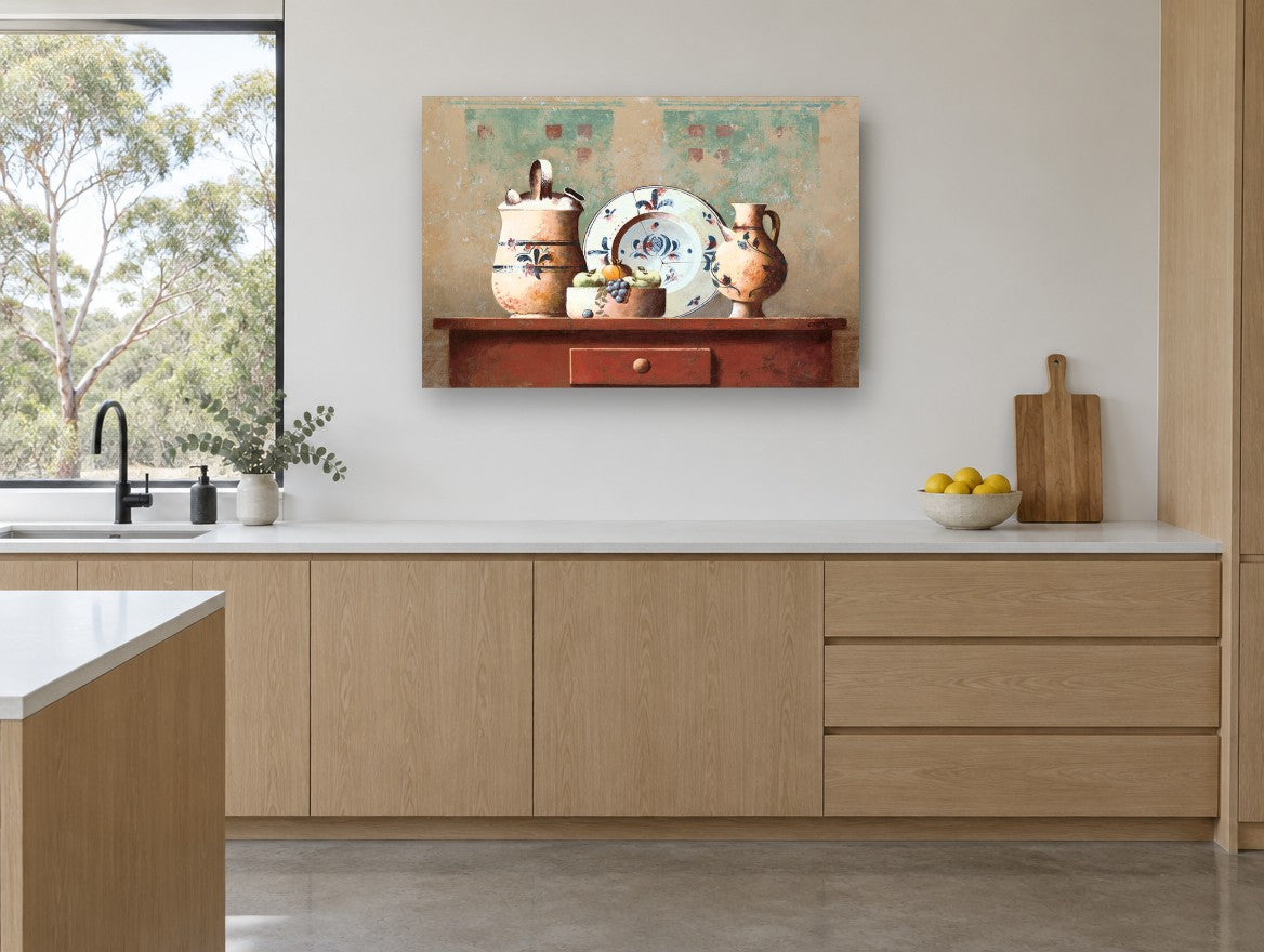 Terracotta Table Still Life kitchen canvas print on the wall of a kitchen