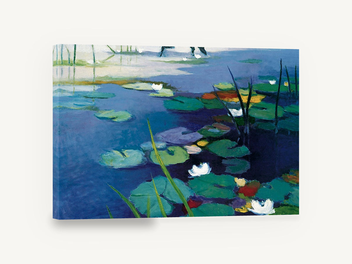 Indigo Lily Pond, blue water lily pond painting, landscape canvas wall art print ready to hang