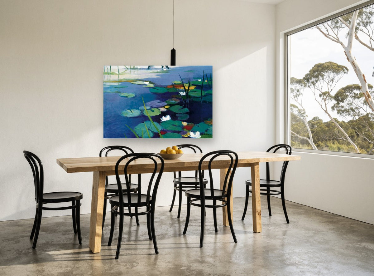 Indigo Lily Pond landscape canvas print on the wall of a dining room