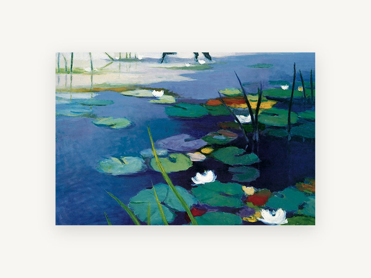 Indigo Lily Pond, blue water lily pond painting, landscape canvas wall art print, front view