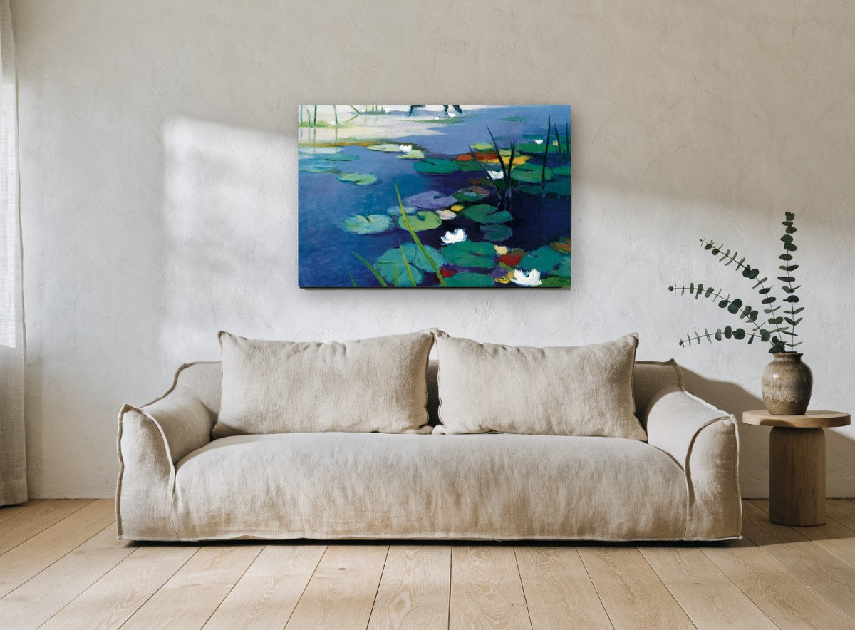 Indigo Lily Pond landscape canvas print on the wall of a living room
