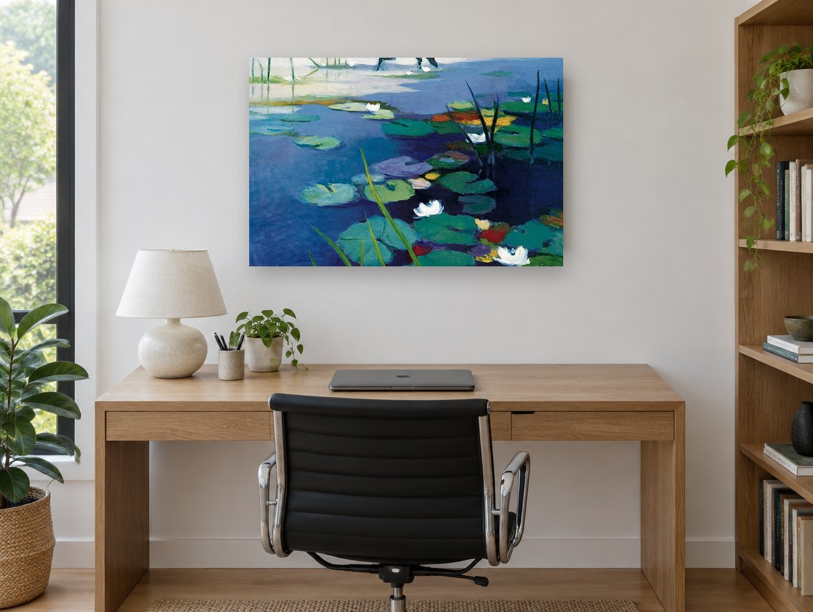 Indigo Lily Pond landscape canvas print on the wall of a study