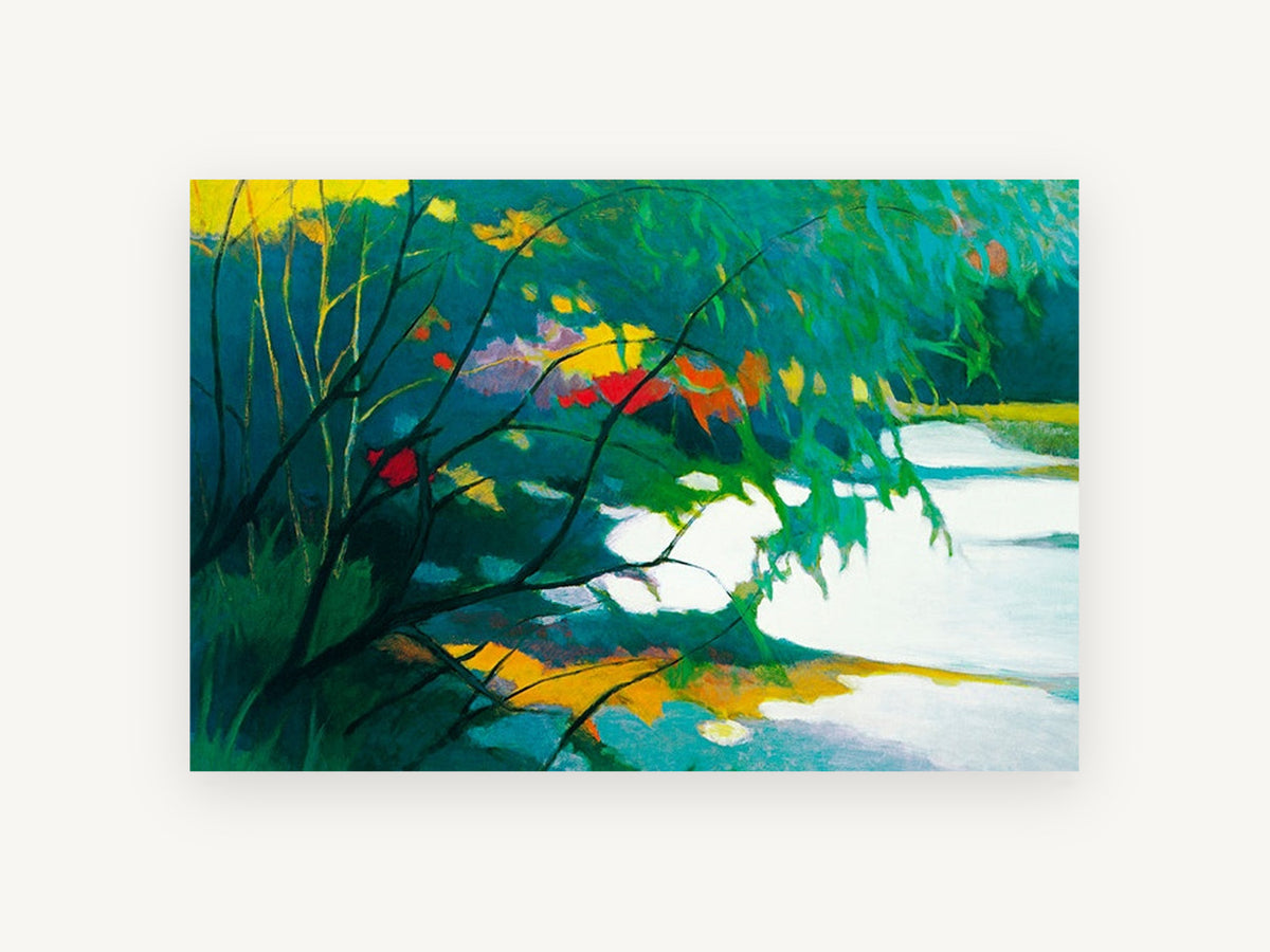 Willow Pool Colour, colourful willow pond landscape painting, landscape canvas wall art print, front view
