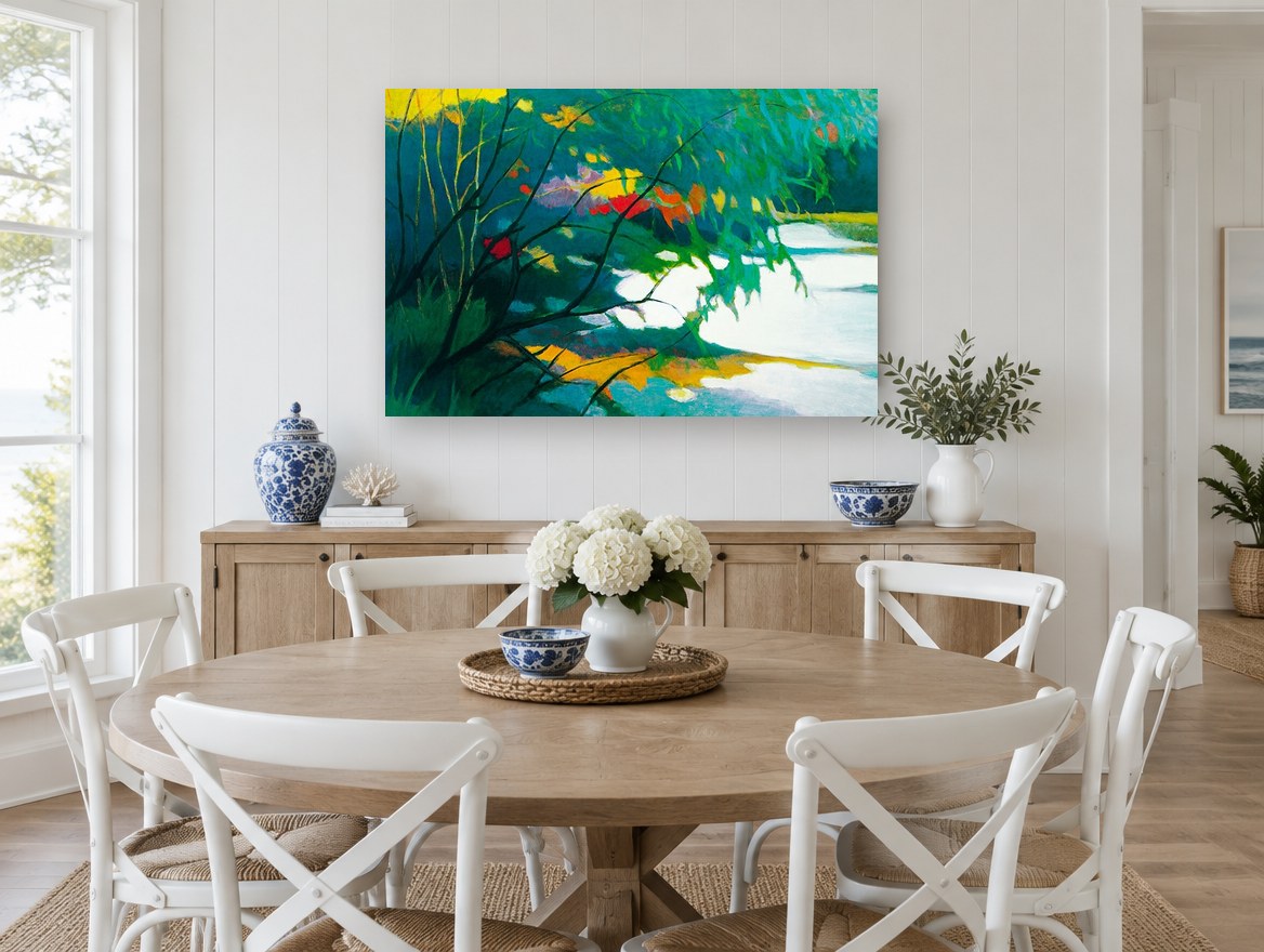 Willow Pool Colour landscape canvas print on the wall of a Hamptons dining room