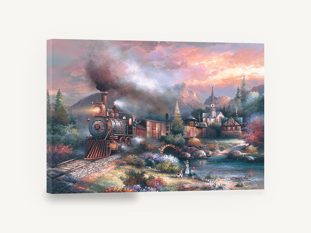 Mountain Express at Dusk, steam train mountain village landscape, floral canvas wall art print ready to hang