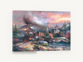 Mountain Express at Dusk, steam train mountain village landscape, floral canvas wall art print ready to hang