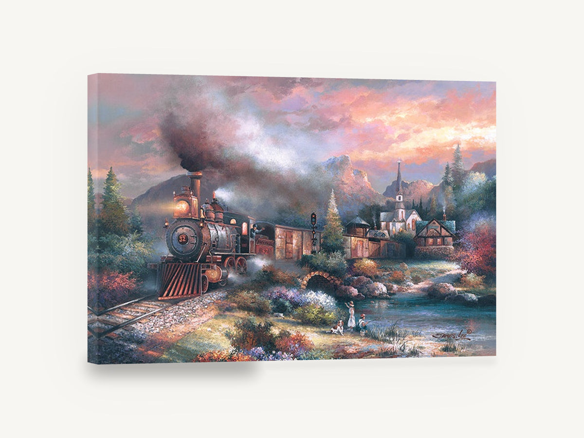 Mountain Express at Dusk, steam train mountain village landscape, floral canvas wall art print ready to hang