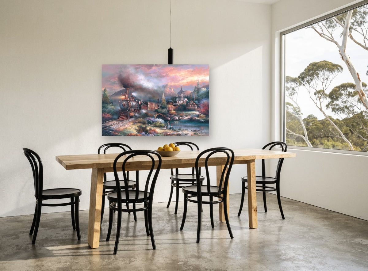 Mountain Express at Dusk floral canvas print on the wall of a dining room