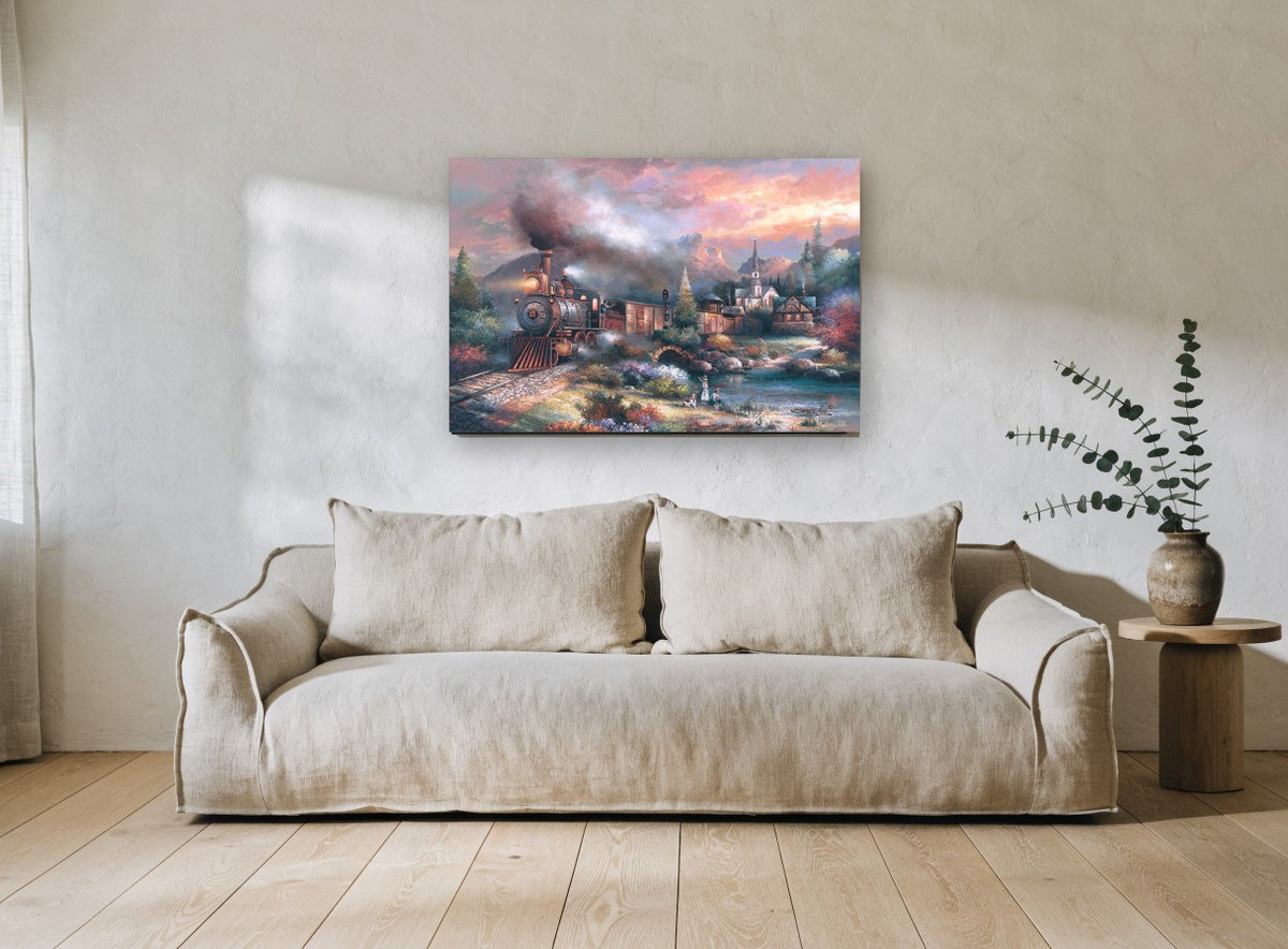 Mountain Express at Dusk floral canvas print on the wall of a living room