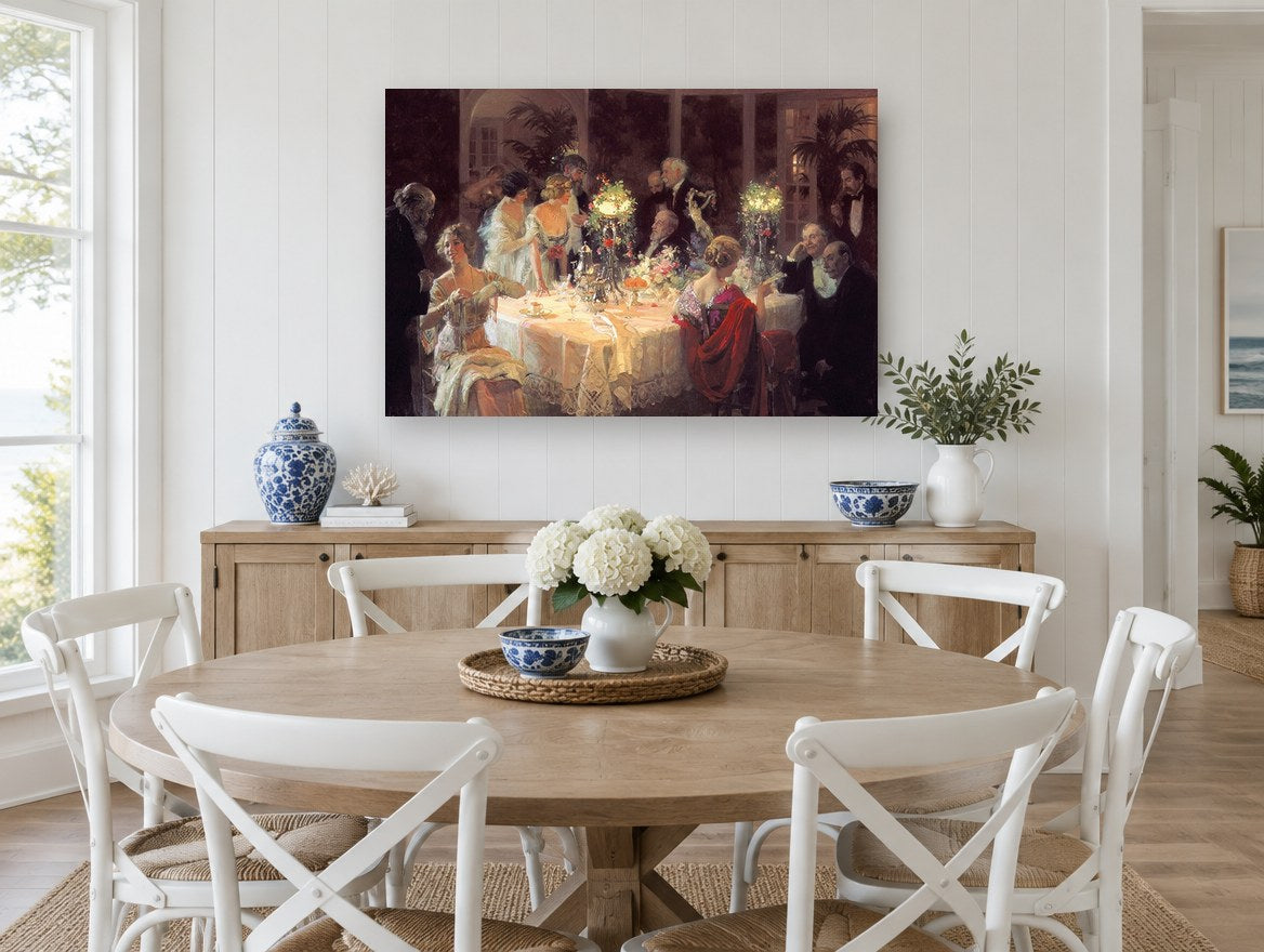 Candlelit Dinner Party kitchen canvas print on the wall of a Hamptons dining room