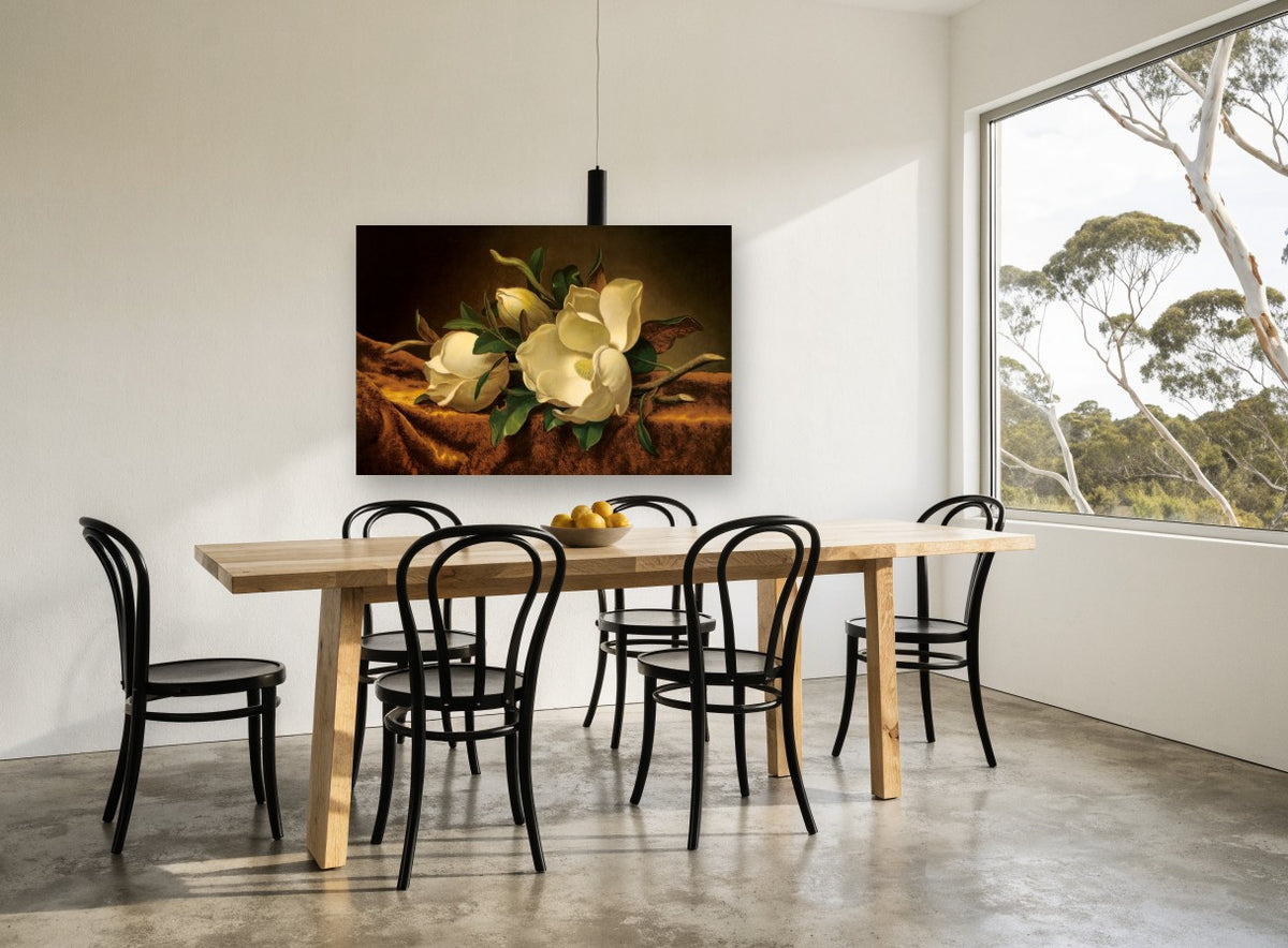 Magnolias on Brown Velvet floral canvas print on the wall of a dining room