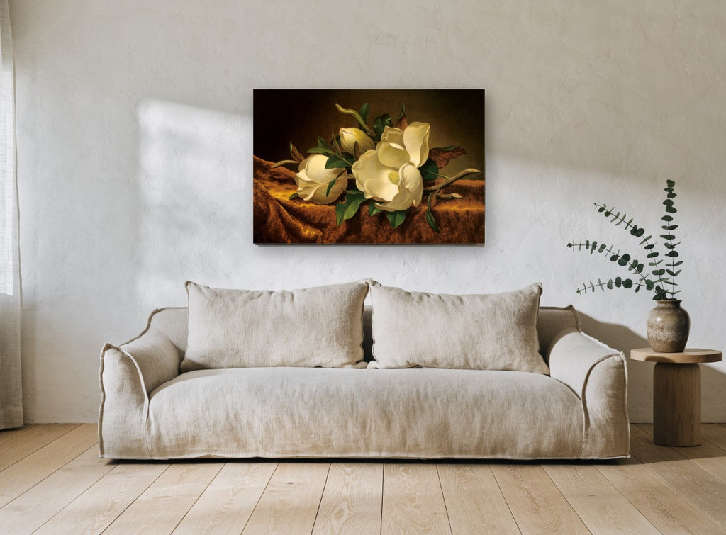 Magnolias on Brown Velvet floral canvas print on the wall of a living room