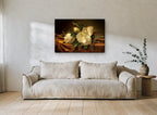 Magnolias on Brown Velvet floral canvas print on the wall of a living room