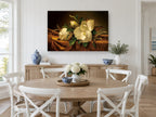 Magnolias on Brown Velvet floral canvas print on the wall of a Hamptons dining room